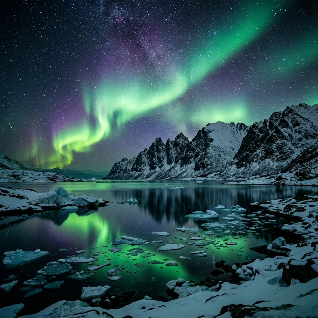 An ethereal scene of the green and violet aurora borealis dancing across a starry night…