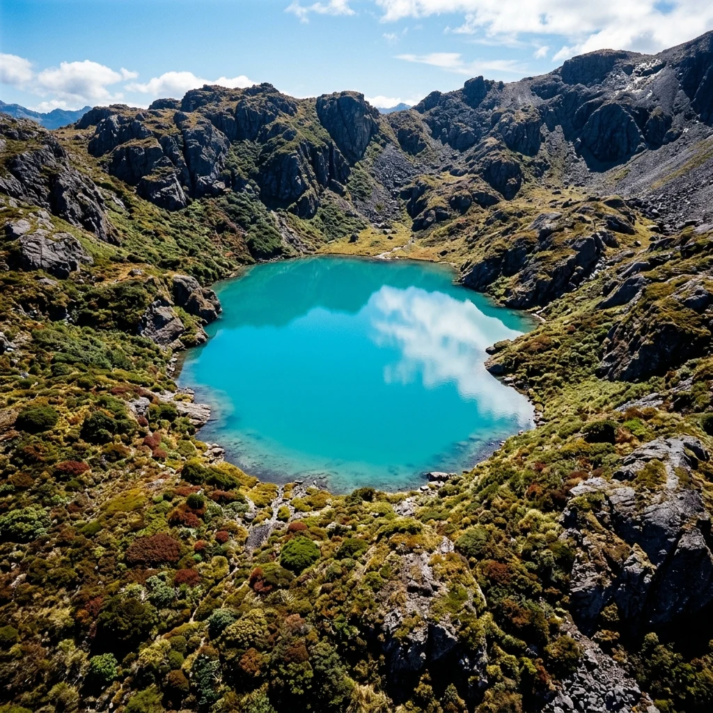 An aerial shot of a high-altitude tarn in the Rwenzori Mountains