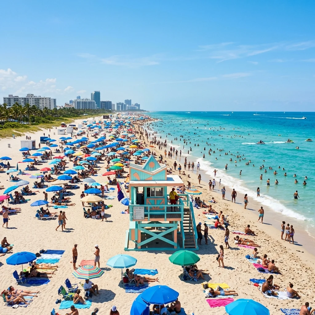 A crowded summer day at South Beach in Miami