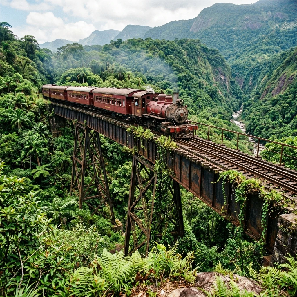 Train crossing a bridge in the jungle