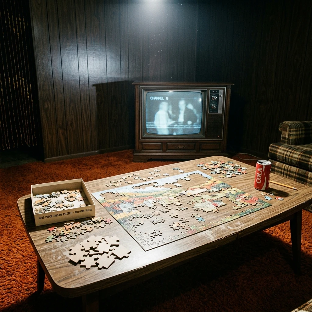 A 1970s wood-paneled basement rec room shot on Instamatic flash
