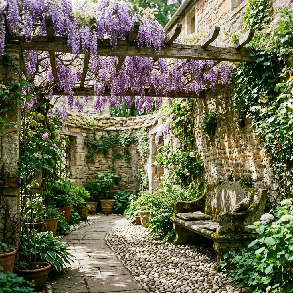 Sunlight in a peaceful stone courtyard