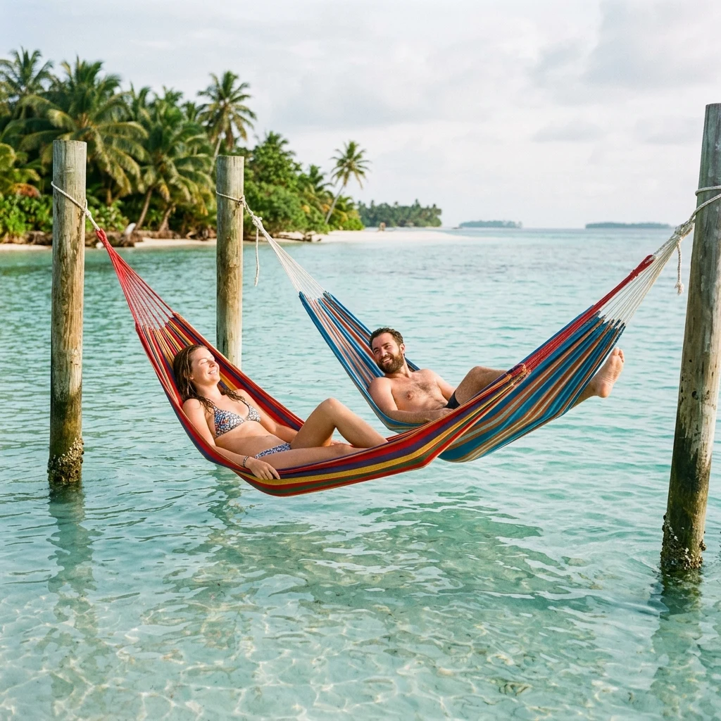 Sunbathers relaxing in colorful hammocks strung between wooden posts in the shallow warm…