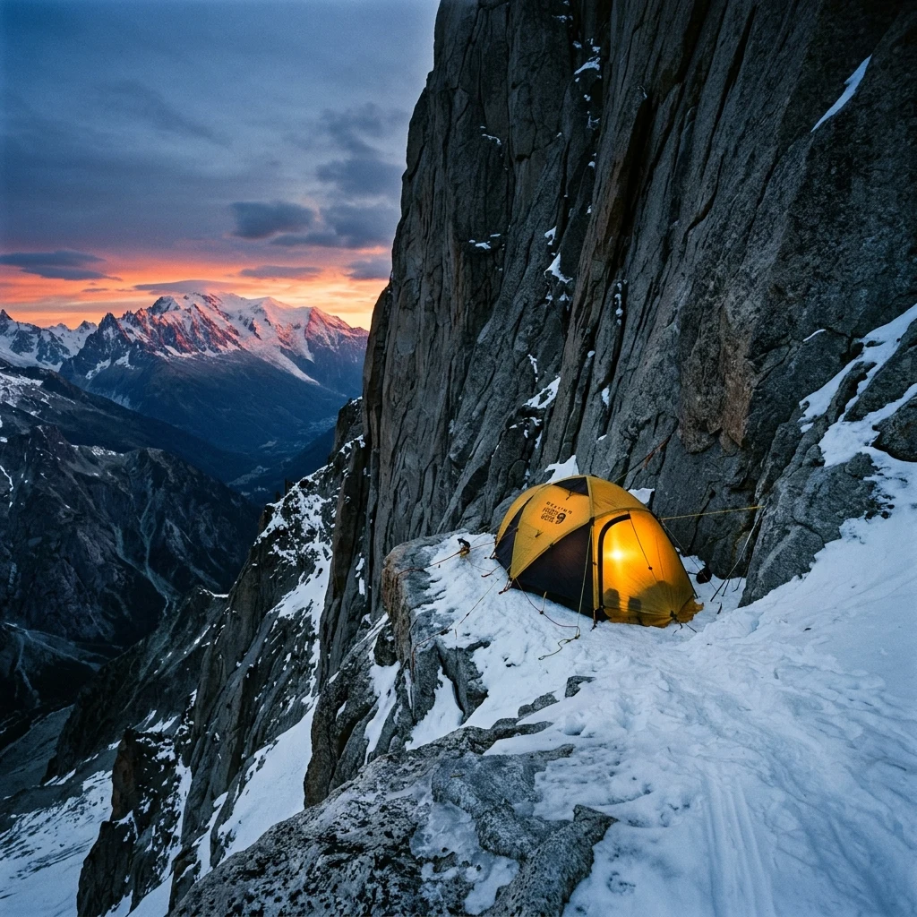A single yellow high-altitude expedition tent pitched on a narrow snow ledge under a…