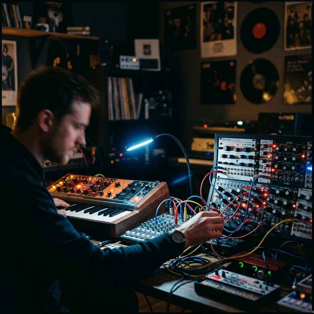Glowing analog synthesizers in a dark studio