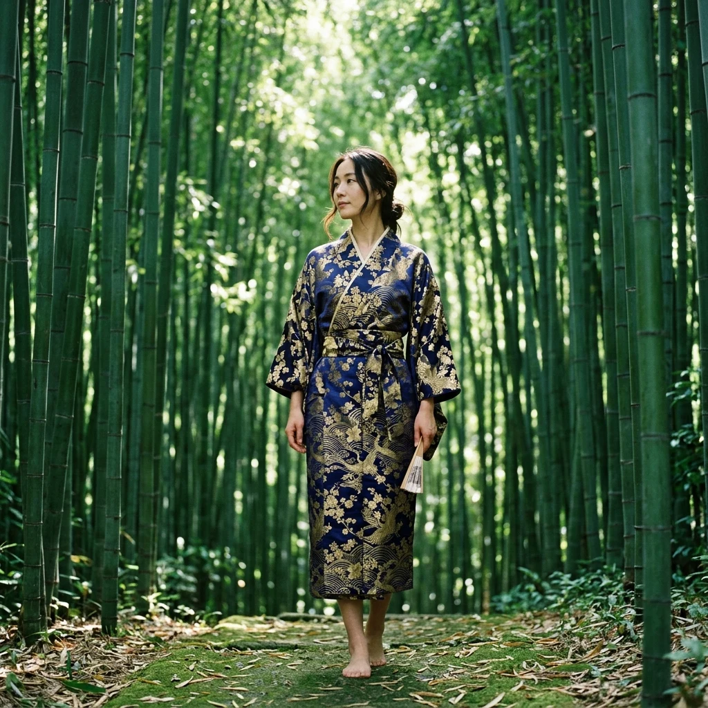 A traditional Japanese kimono-inspired wrap dress in heavy brocade silk with metallic…