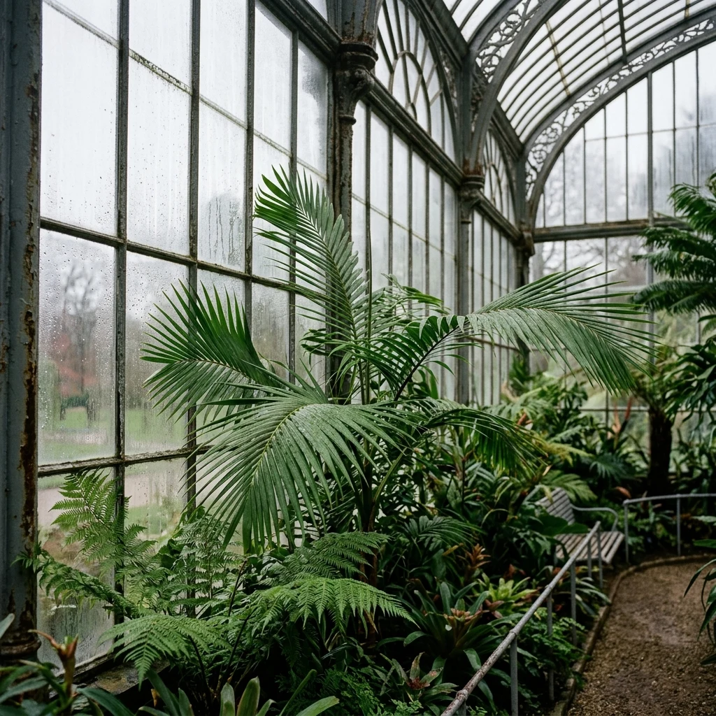 A humid Victorian palm house photographed on 120 medium format