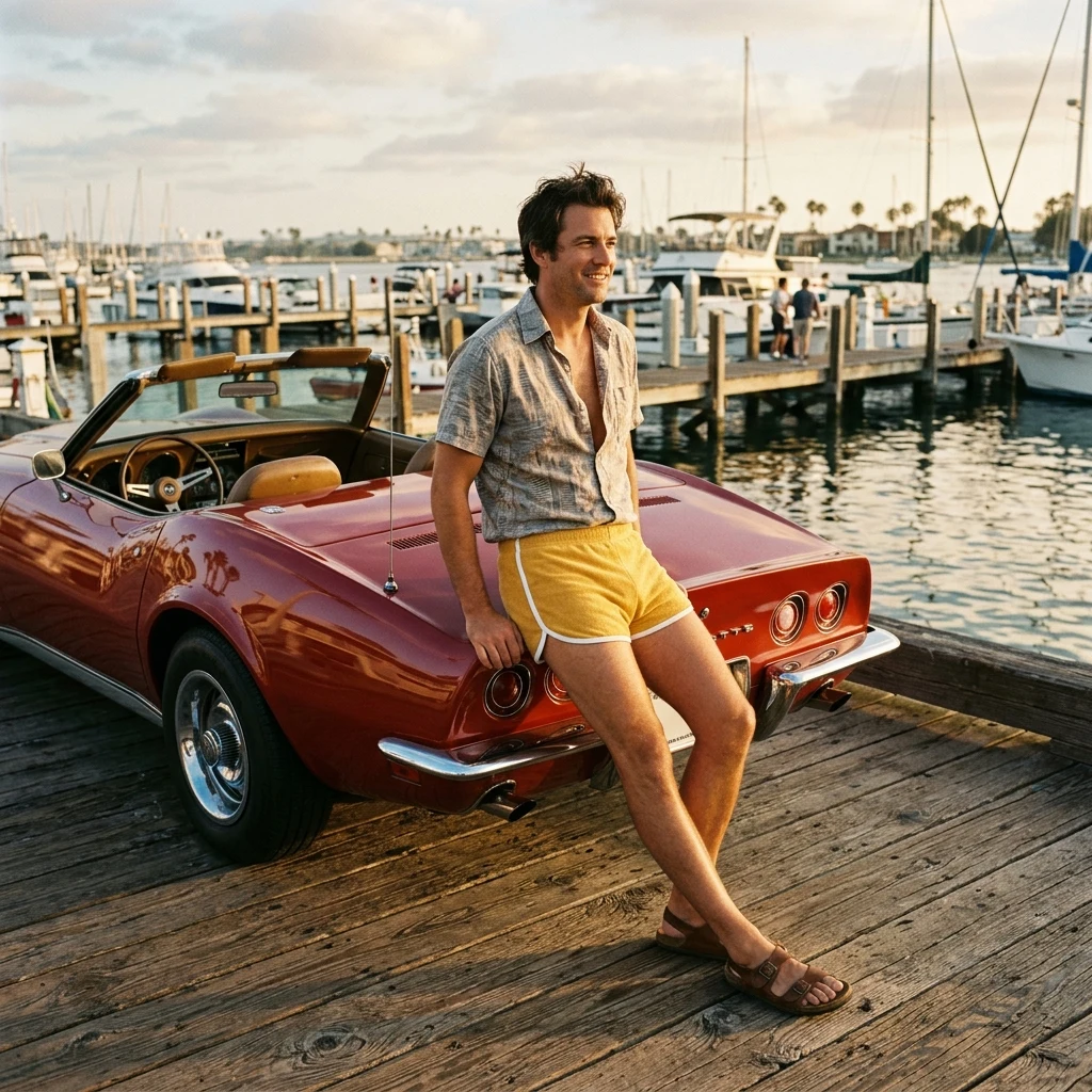 A 1970s men's short-short swim trunks in terry cloth with white piping