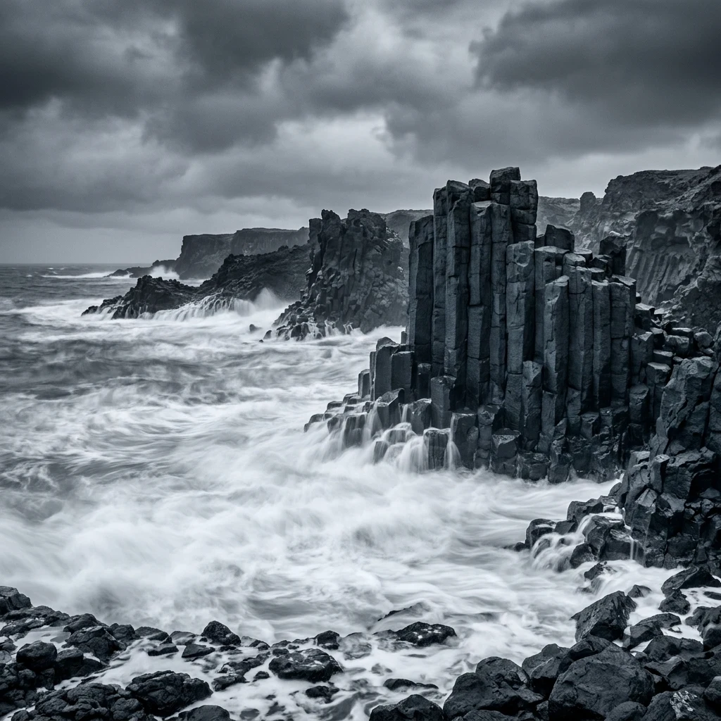 A volcanic basalt coastline in a storm