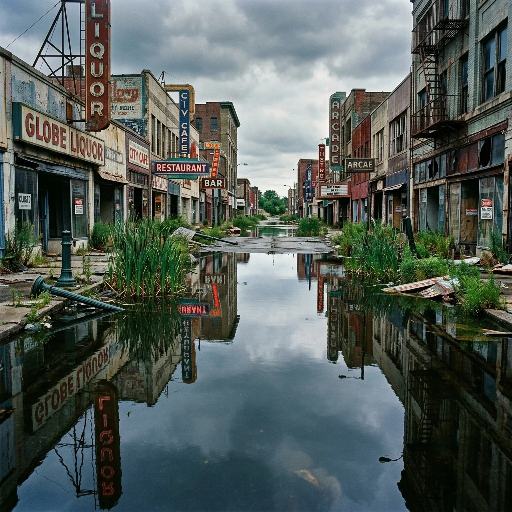 Flooded city street with overgrown plants