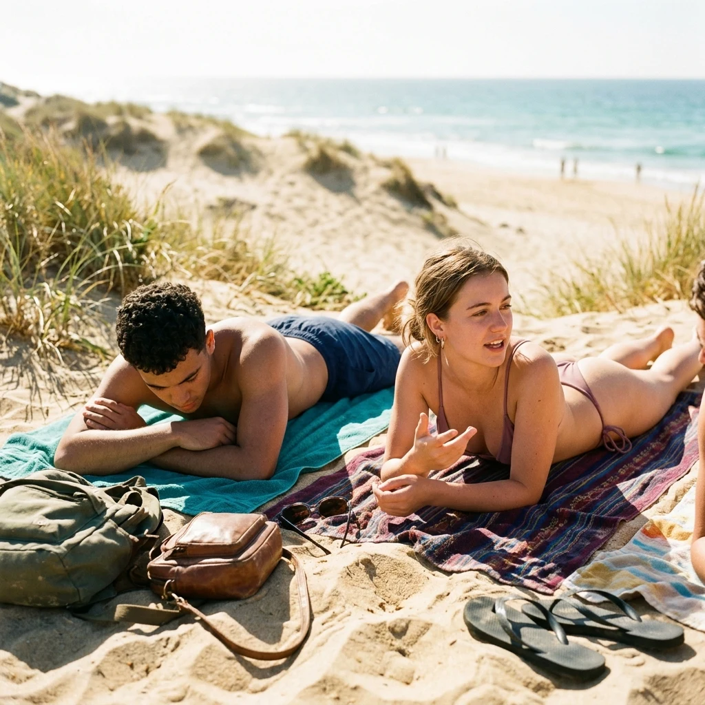 Friends resting on a coastal sand dune