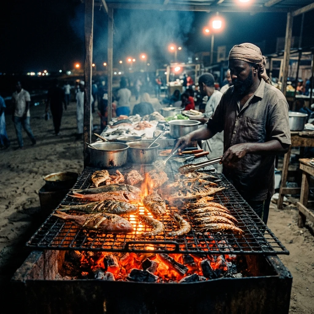 A night shot of a beachfront grilled-seafood stall in Djibouti