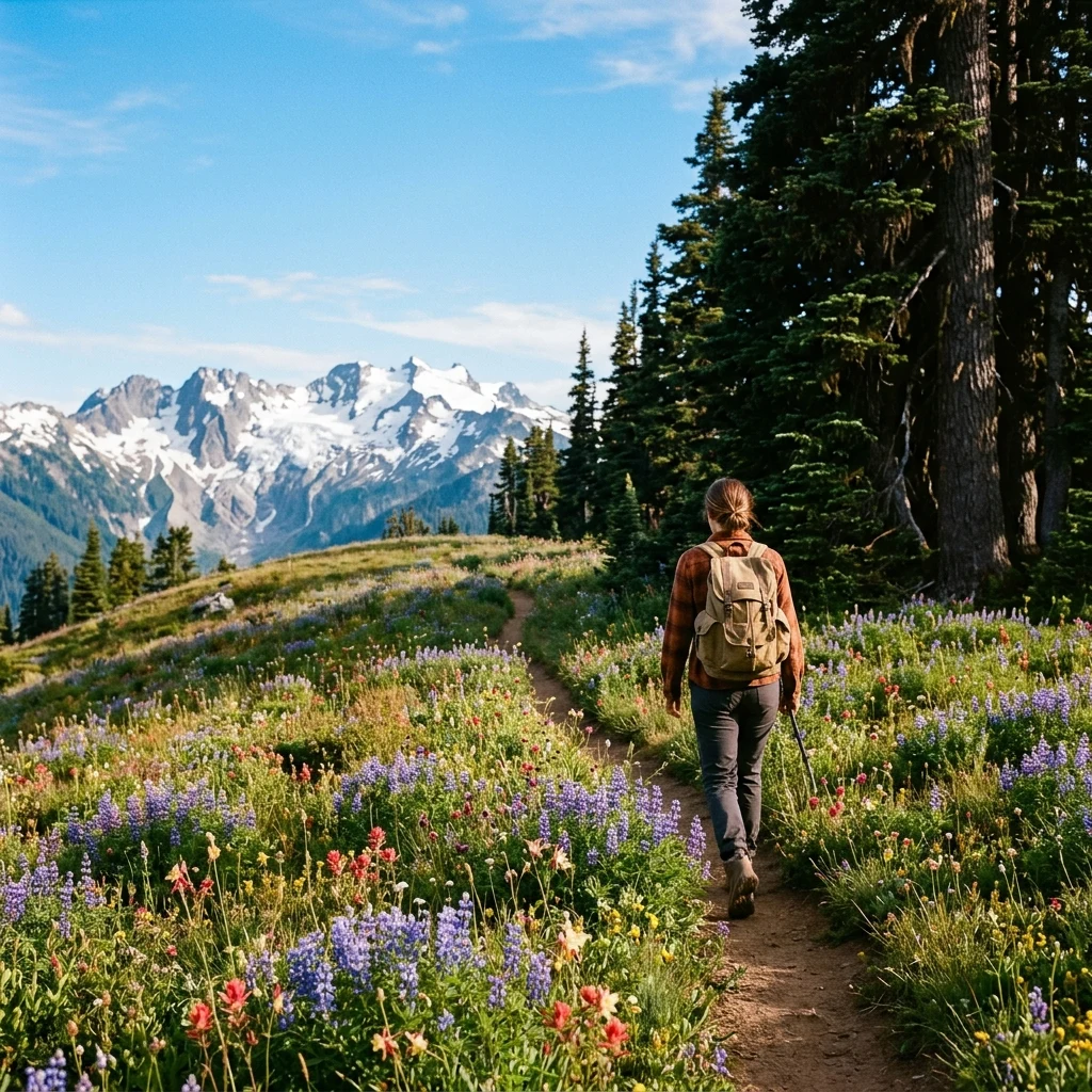 A hiker walking through a subalpine meadow in full bloom on Oakhaven Ridge