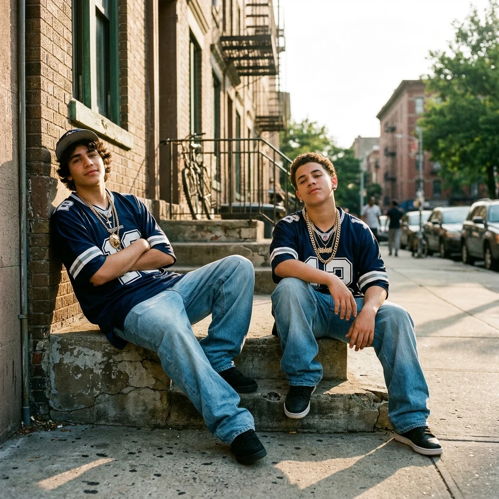 Two teenage boys in matching oversized hip-hop jerseys
