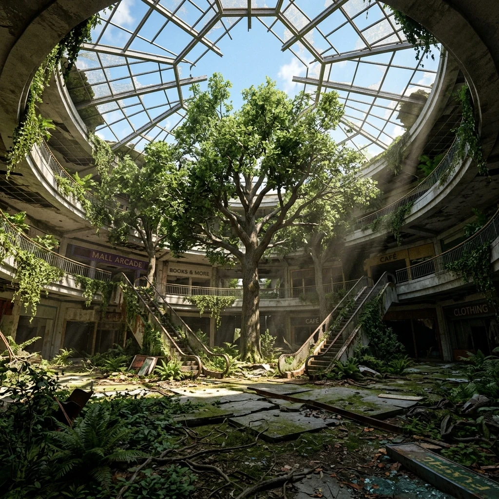 Nature reclaiming an abandoned shopping mall atrium