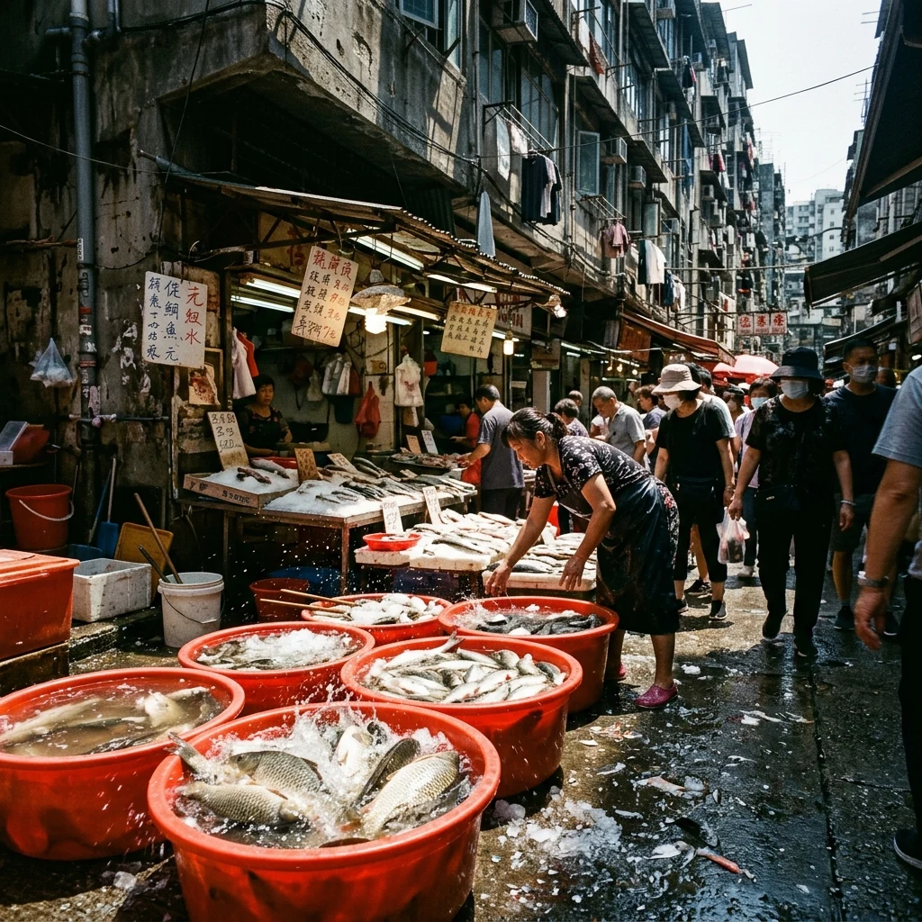 Busy fish market on a sunny day