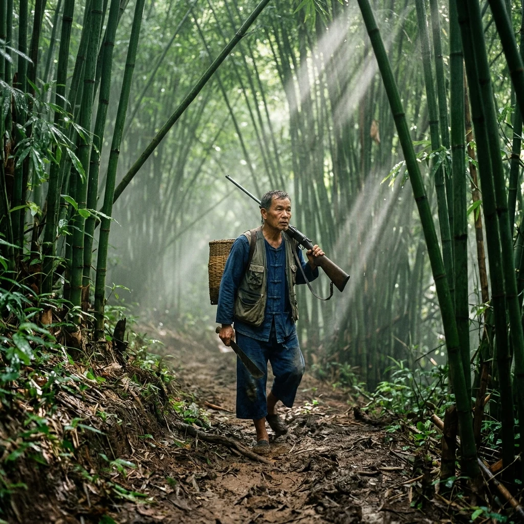 A local hunter navigating a narrow bamboo trail through the humid monsoon forest of the…