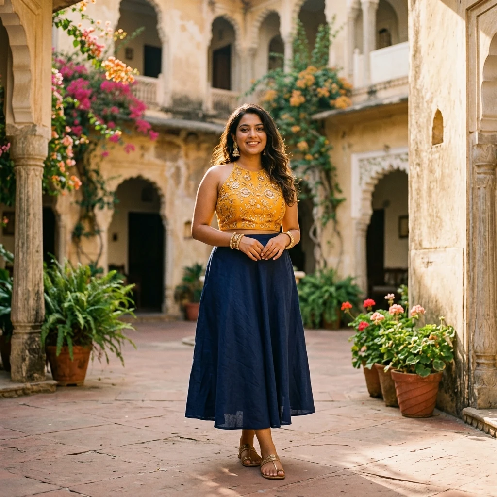 Person in a sunny courtyard with plants