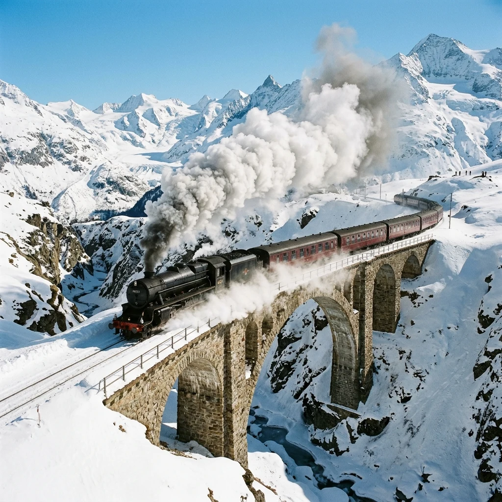 An aerial view of a vintage steam train cutting through a deep snowdrift on an isolated…
