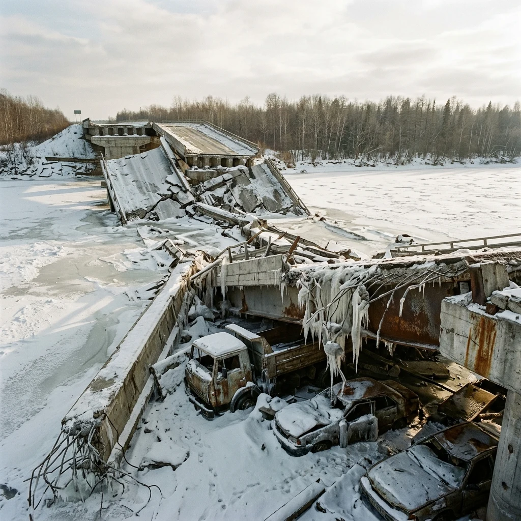 An abandoned highway overpass collapsed into a frozen riverbed
