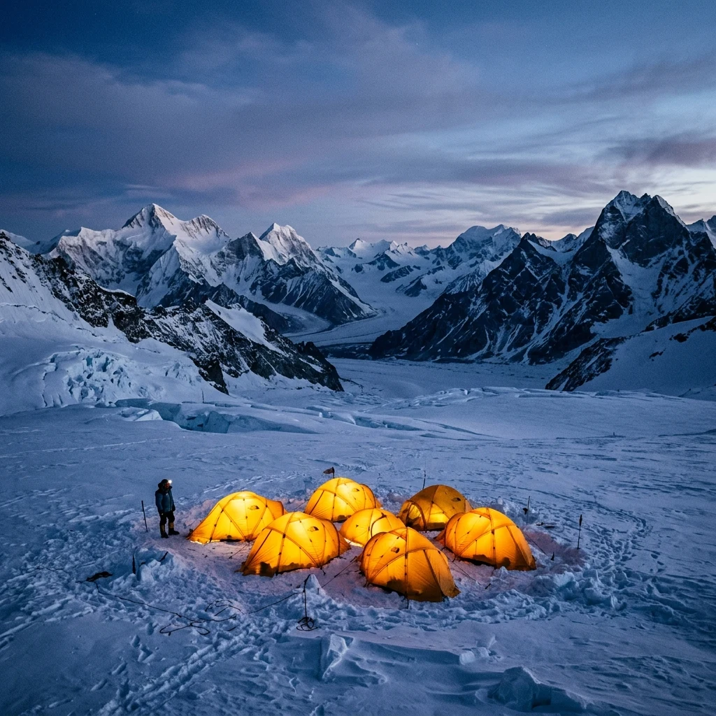A dramatic blue hour shot of a field camp in the Transantarctic Mountains