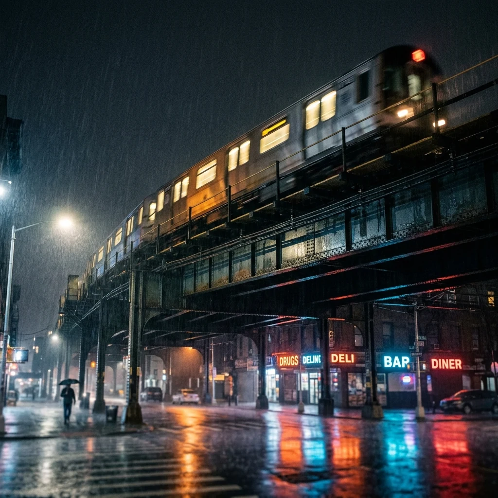 An elevated subway train rattling across a rain-soaked iron trestle at night