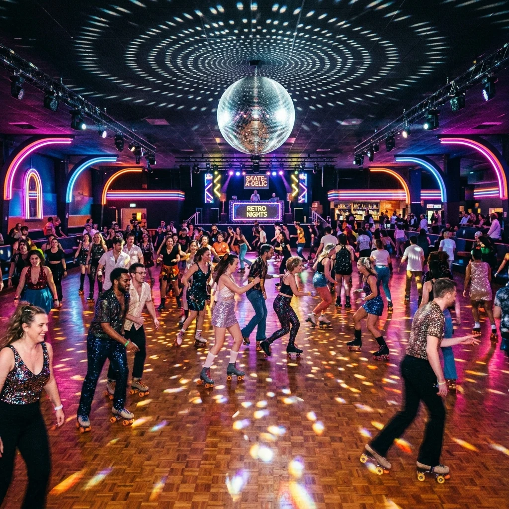 Energetic skaters at a colorful roller disco