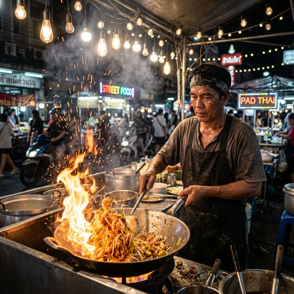 A night street food vendor in Bangkok stir-frying Pad Thai over a roaring wok flame