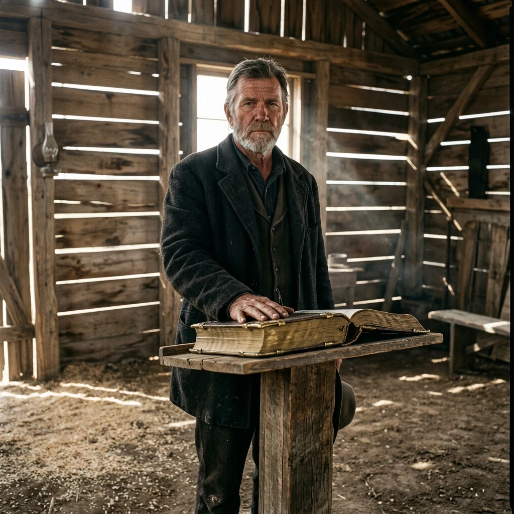 Man standing in a rustic wooden tabernacle