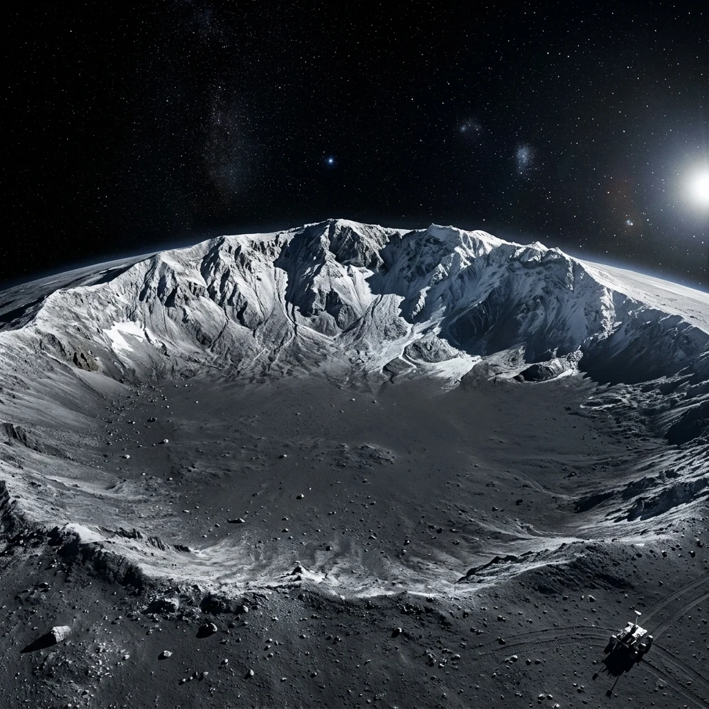 A surface vista render standing inside an ancient crater on Ceres