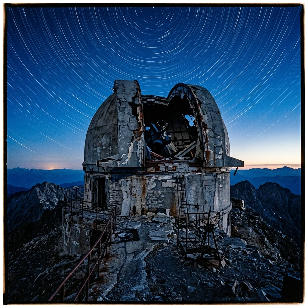 A long-exposure 4x5 large-format photograph of a derelict mountaintop observatory at blue…