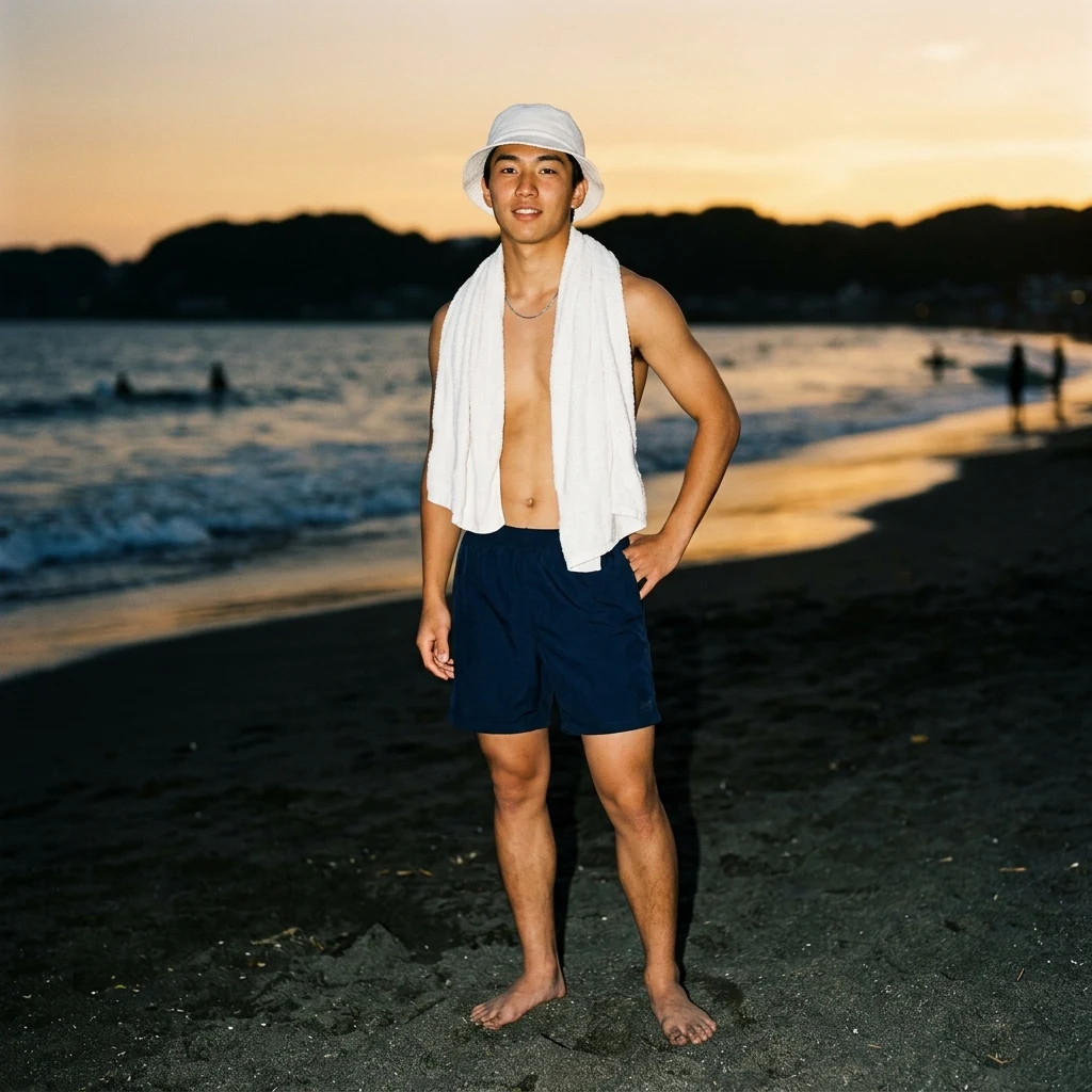 Golden hour on a volcanic sand beach