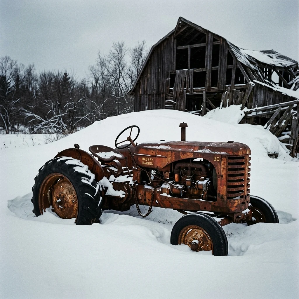 A rusty, forgotten tractor half-buried in a snow drift outside a collapsed barn, peeling…