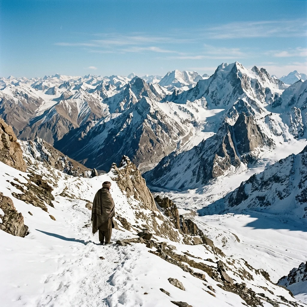 A high-angle 4x5 large-format view of a snowy mountain pass in the Hindu Kush