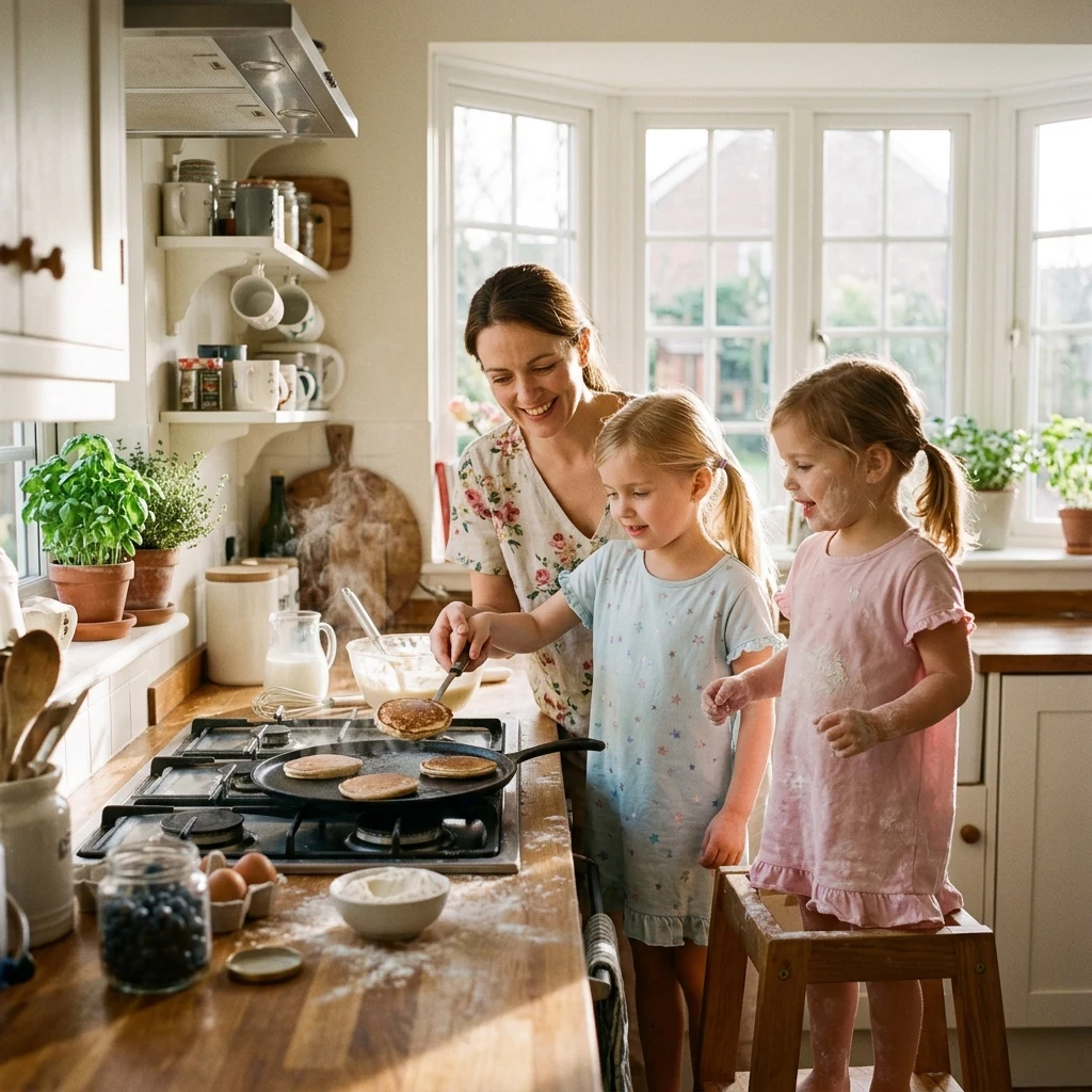 A mother with two young daughters in matching nightshirts making pancakes on a Sunday…