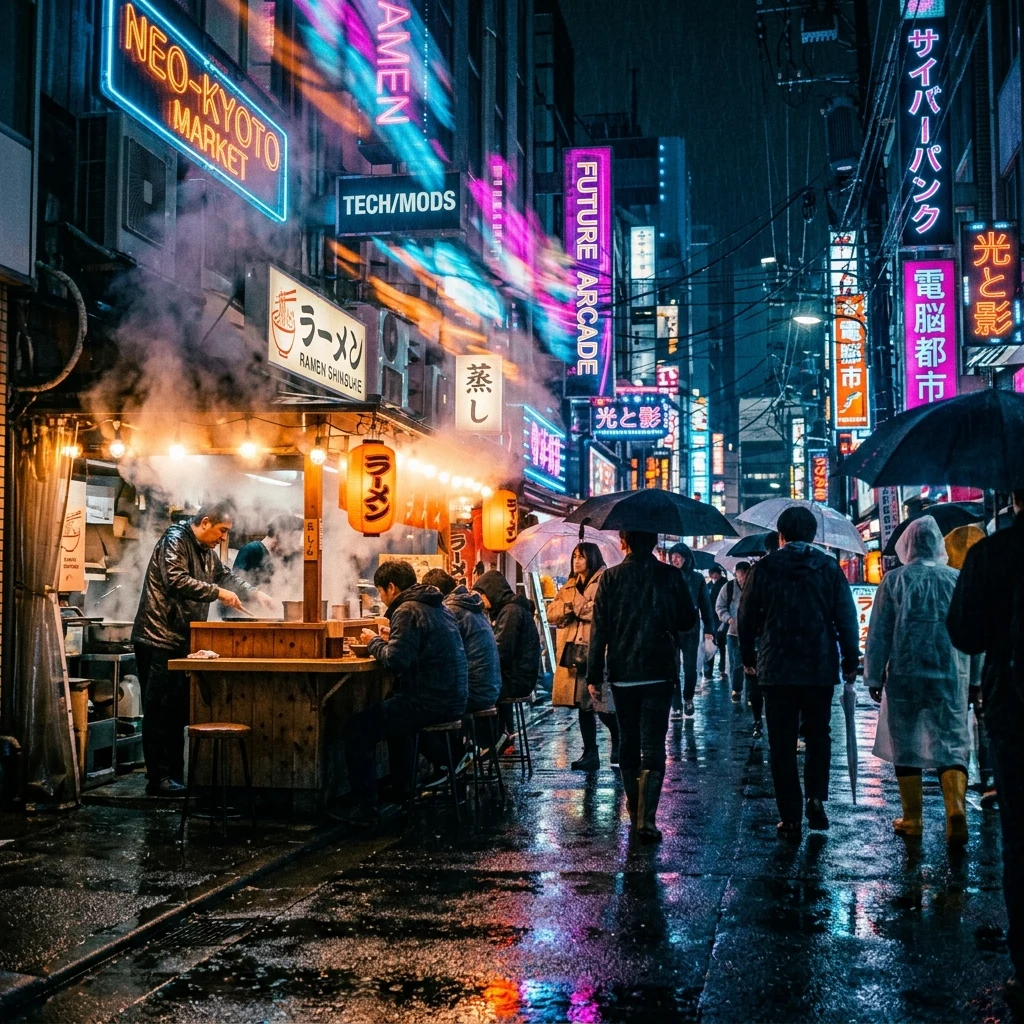 Neon lights in a rainy city market