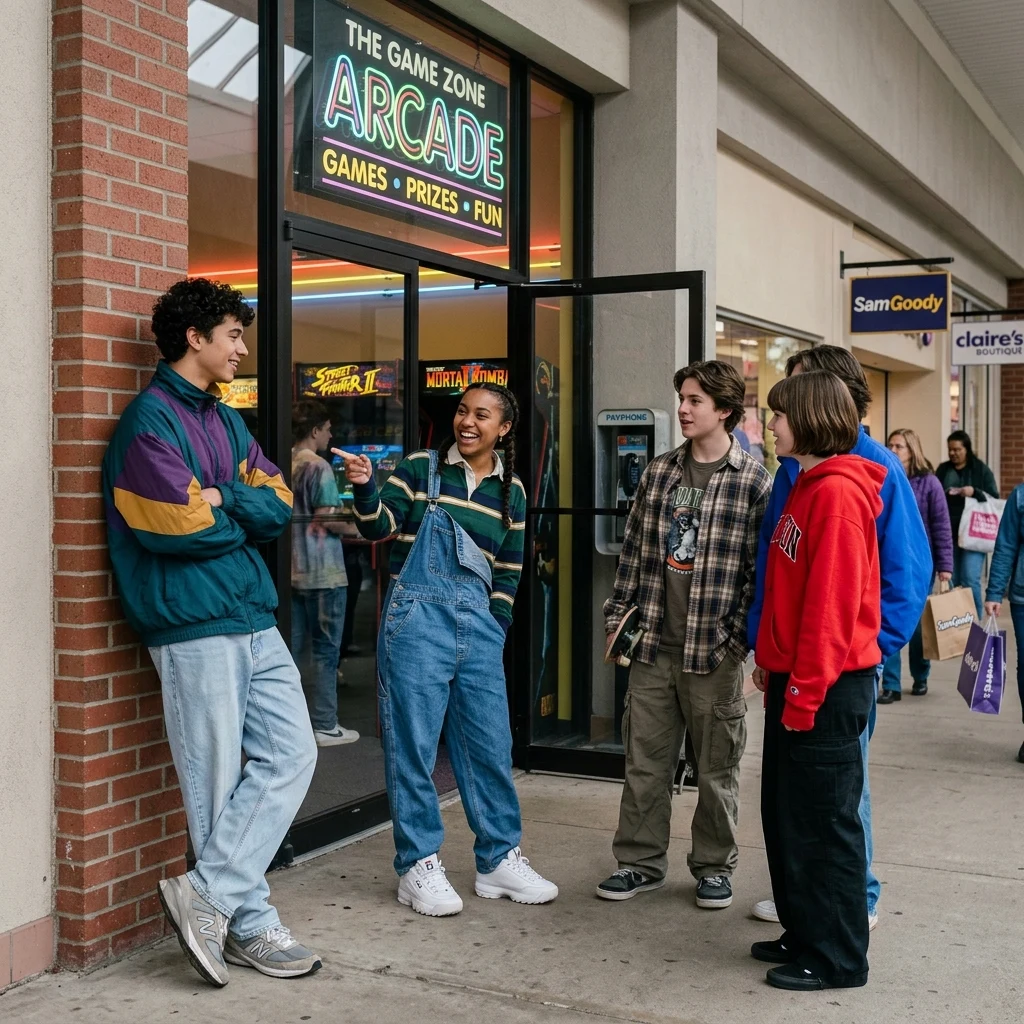 A group of 1990s high school students in color-blocked windbreakers