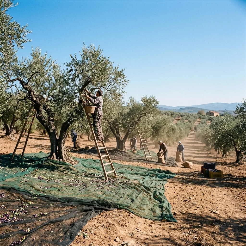 An olive grove at harvest with nets spread under ancient trunks