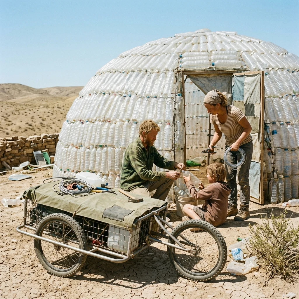 A desert survival family repairing a makeshift greenhouse made of scavenged clear plastic…