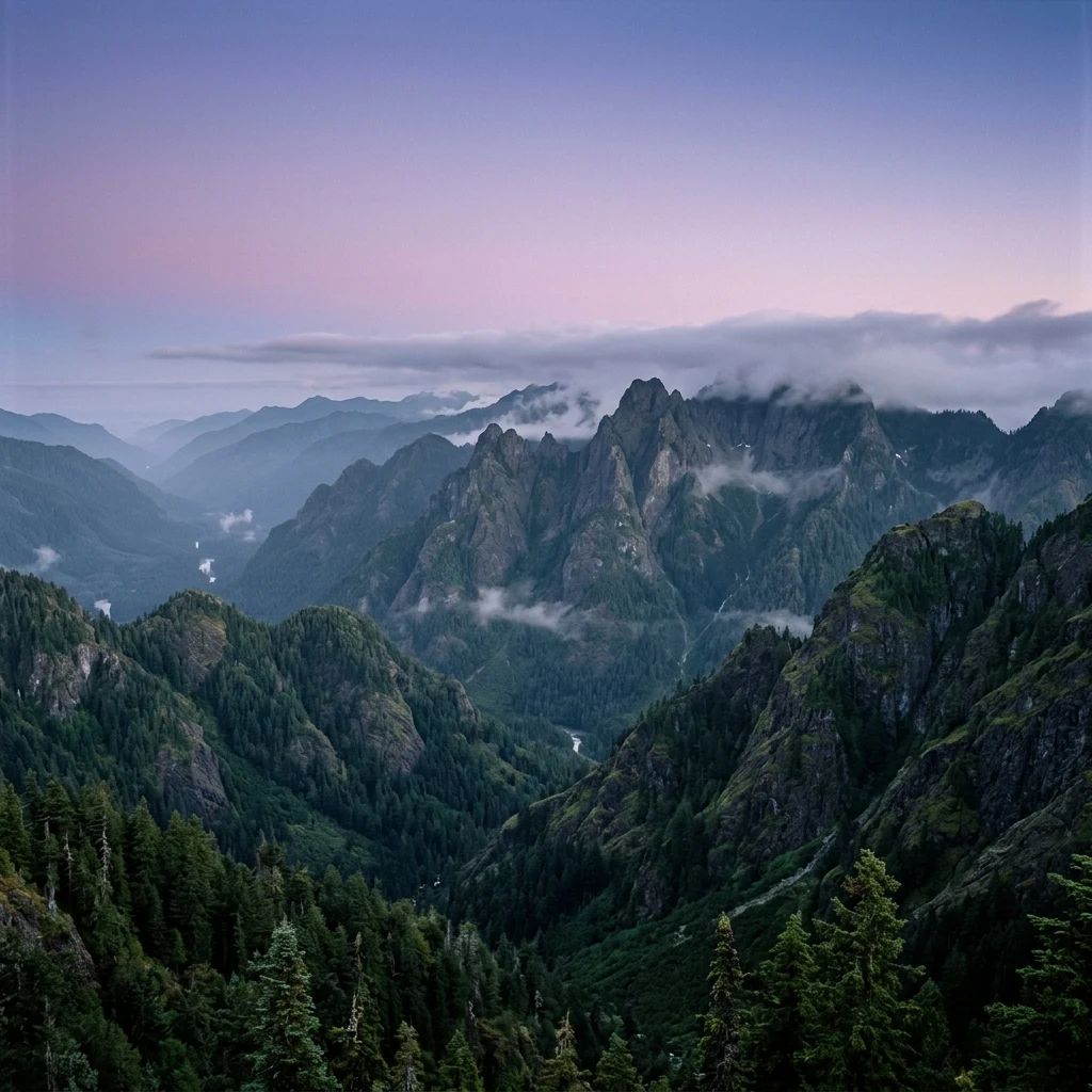 A 4x5 large-format view of the Verdant Crags at blue hour