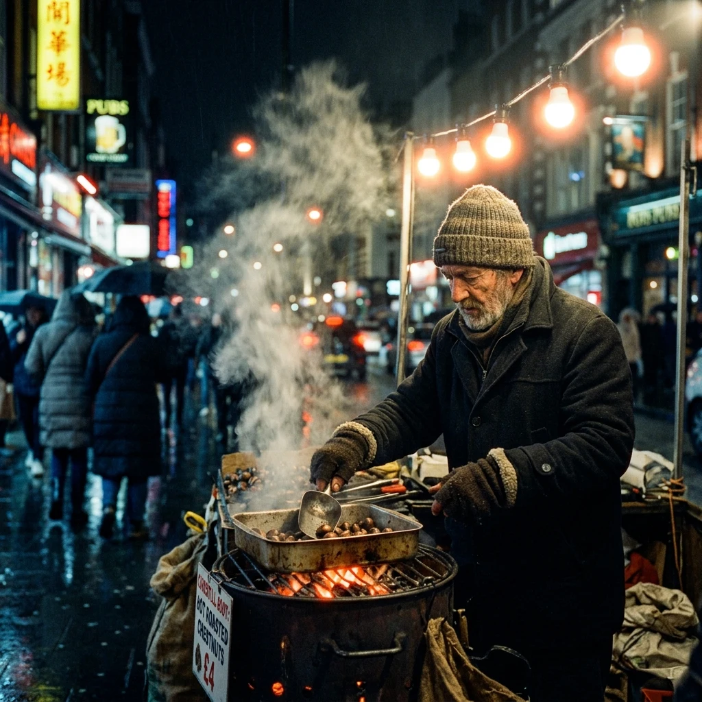 Street vendor roasting chestnuts on a winter night