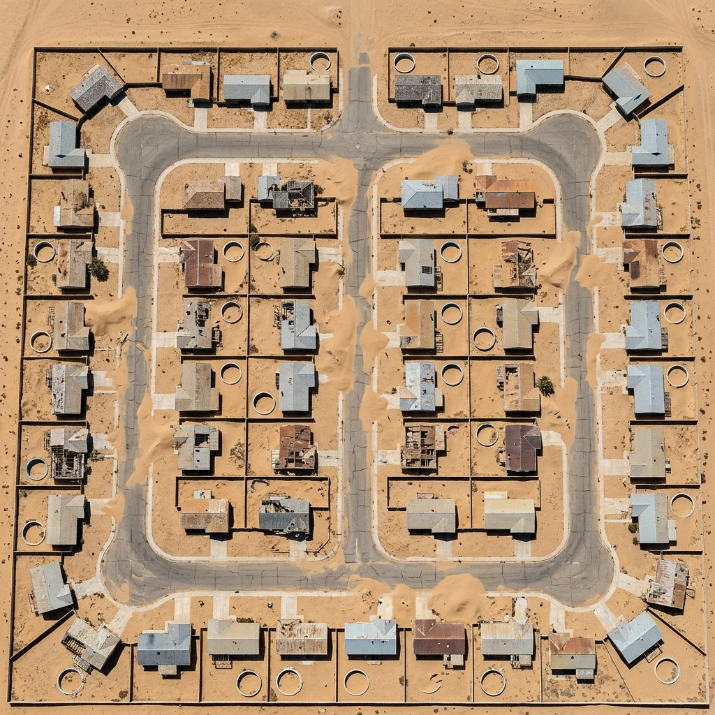 An abandoned desert suburb photographed from a drone at noon