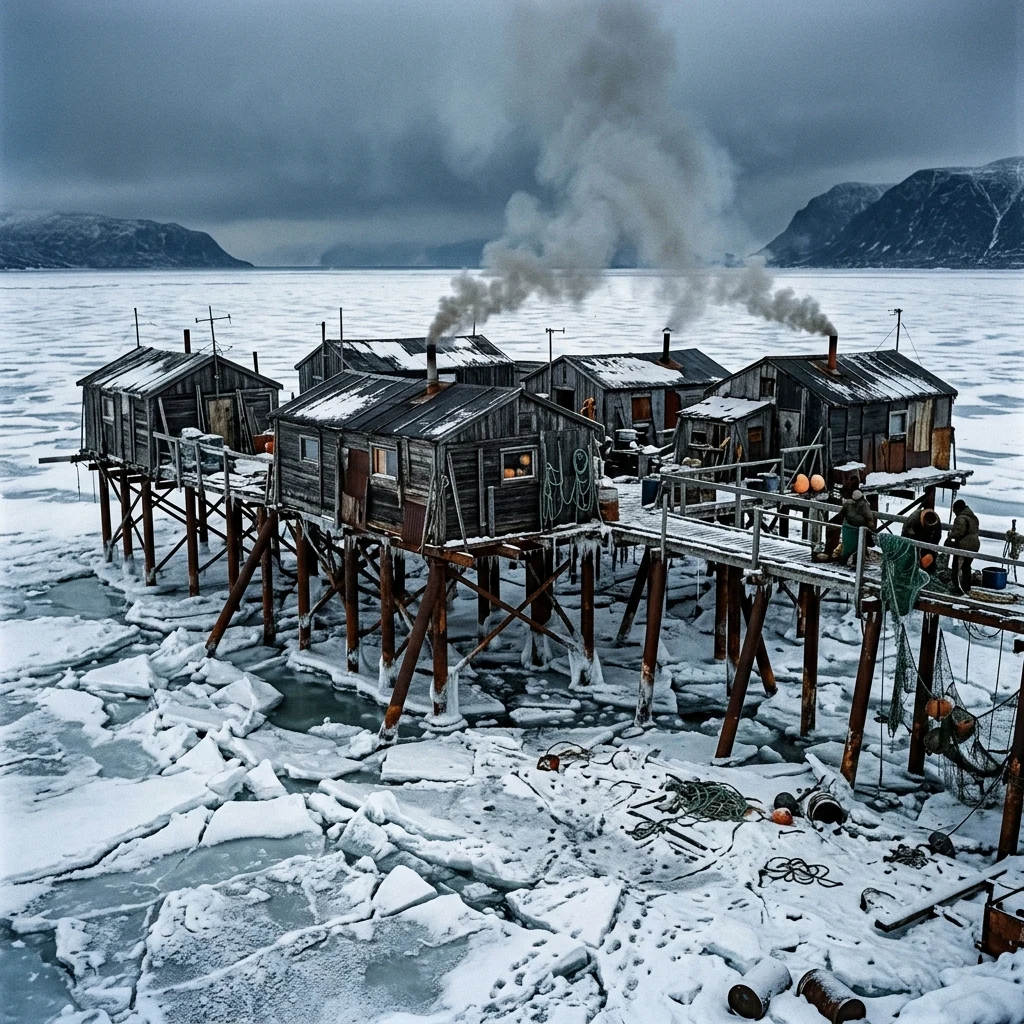 Weathered shacks on a frozen arctic bay