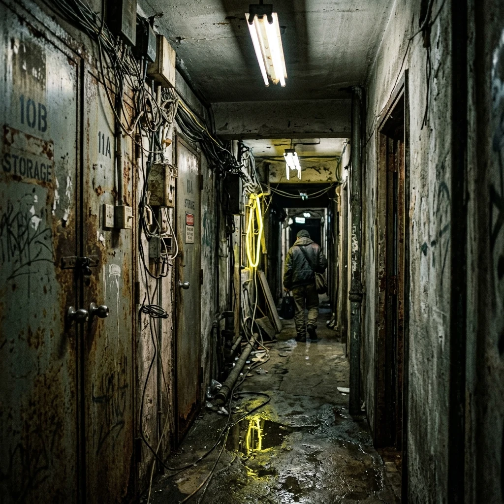 Narrow urban passageway with flickering lights