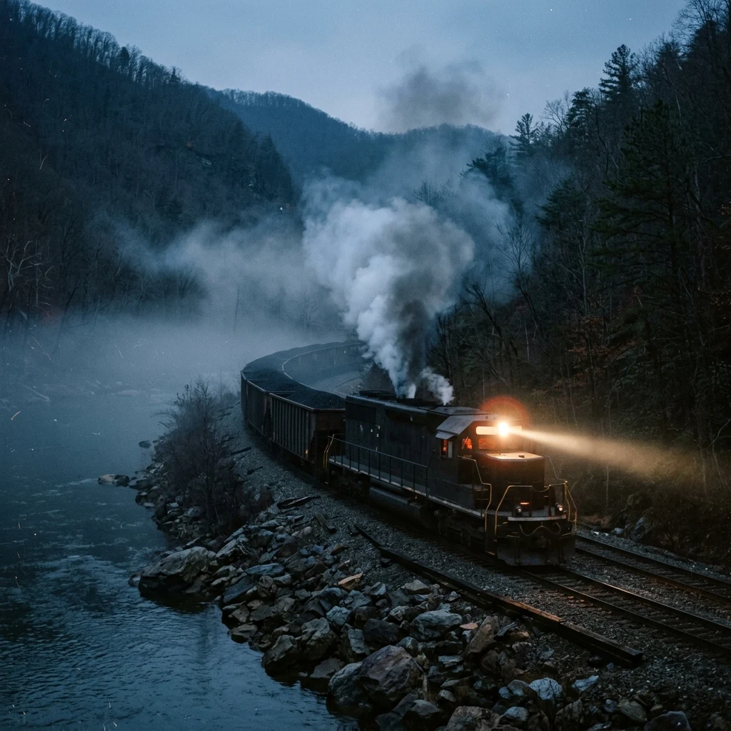 A coal train snaking through a narrow Appalachian river gap at dusk