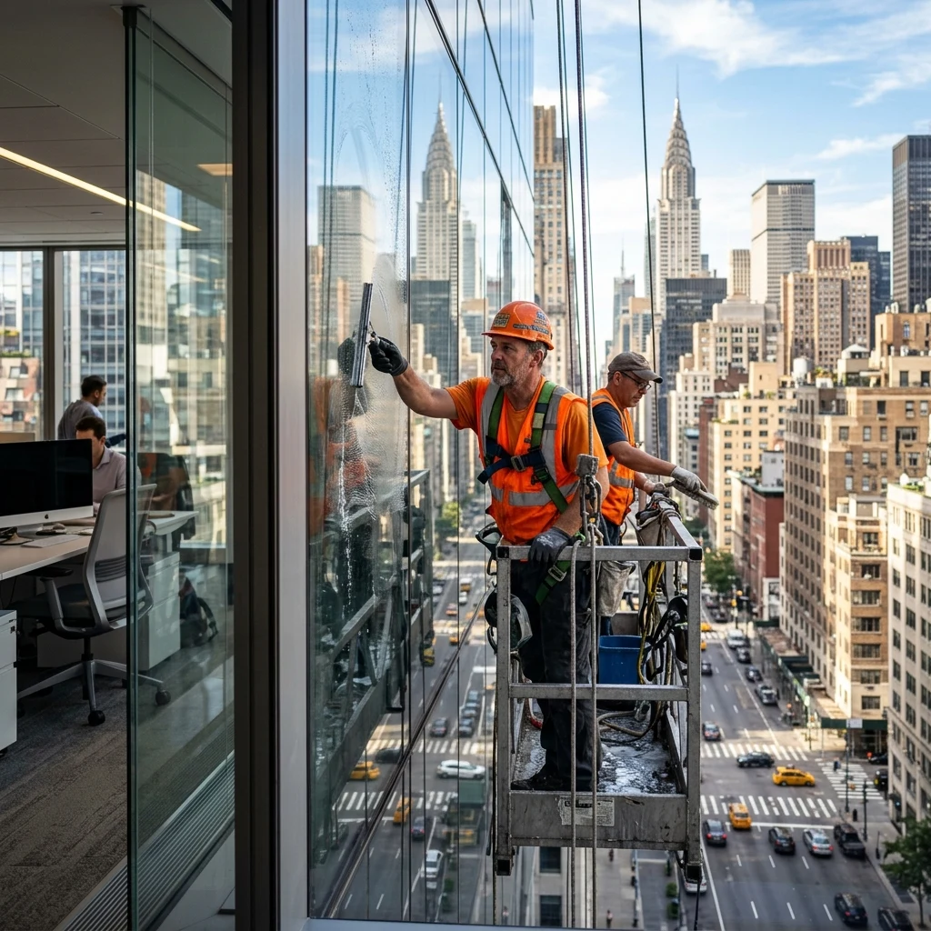 Window washers working on a city skyscraper