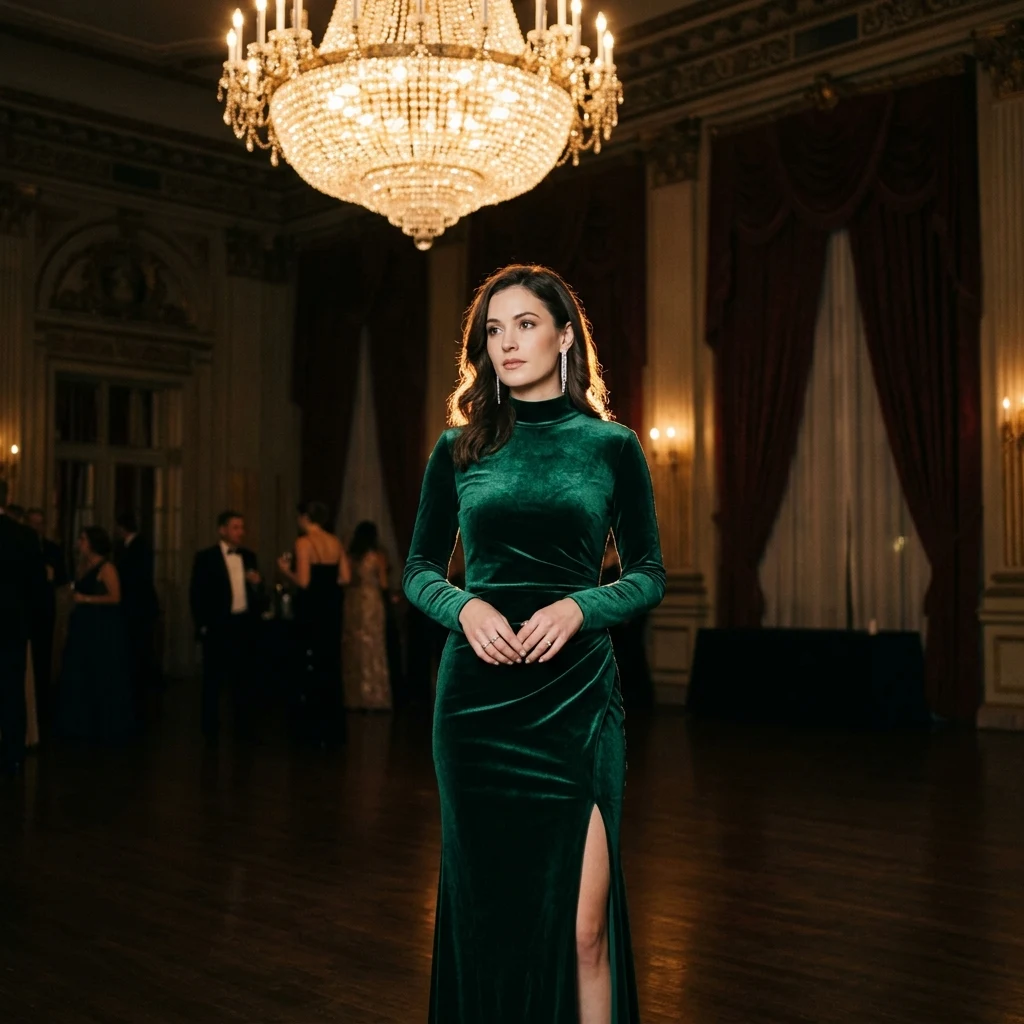 Person in velvet gown in grand ballroom