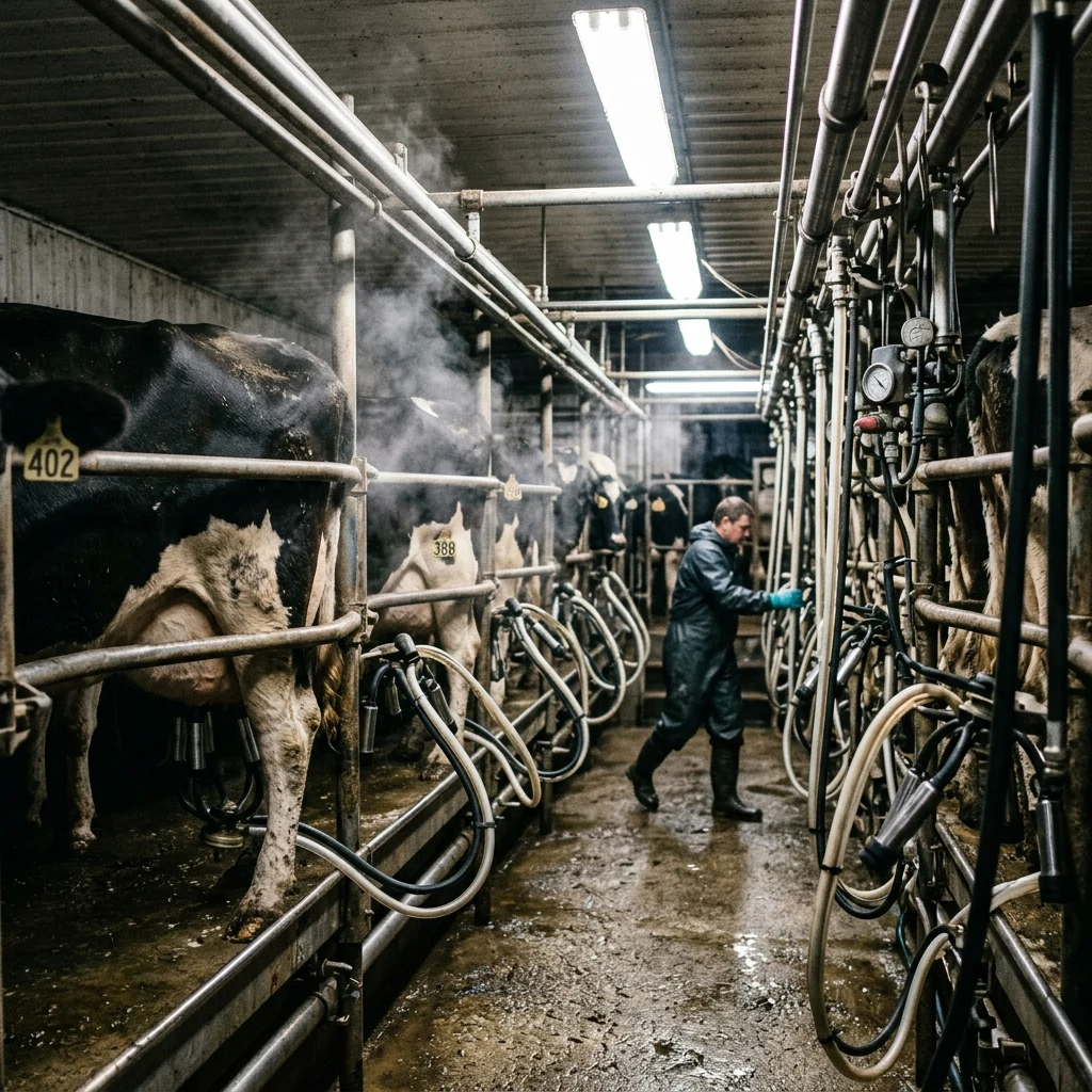 A dairy parlor at the 4 a.m. milking