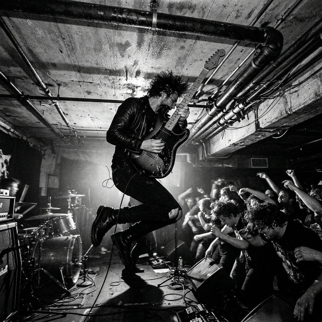 Guitarist performing at a basement concert