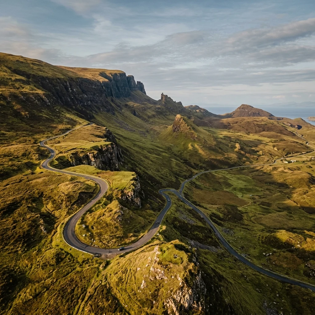 An aerial view of the winding road cutting through the dramatic geological landslide of…